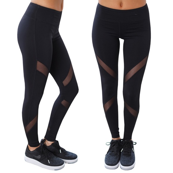 Pants - Black Small Mesh Insets High Rise Ankle Leggings